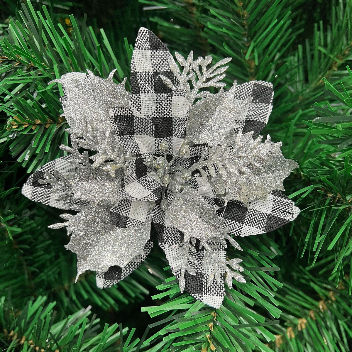 14 cm künstliche Weihnachtsblume, lose Blüte, Kunststoff, rot/silber, Festtagsdekoration, für Floristik & Eventgestaltung
