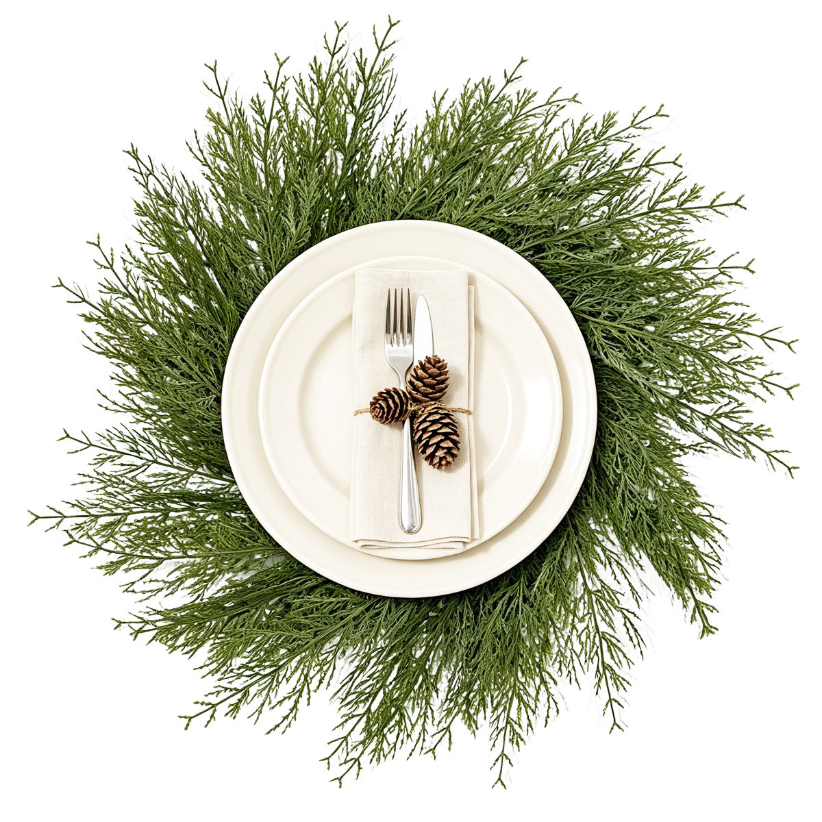 Tannenzweig-Kranz Tischset, 2er Set, künstliche Kiefern- und Zypressenzweige aus Kunststoff, Weihnachtsdeko für Tisch