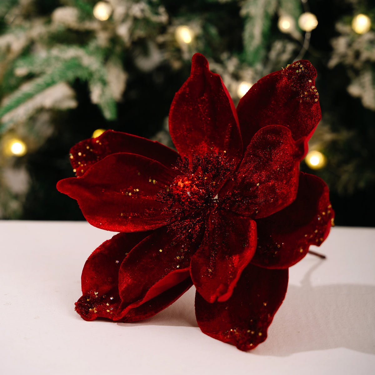 Künstliche Magnolie Weihnachtsblume, Einzelstiel mit 1 Blüte aus Samtstoff, Goldglitzer, für Weihnachtsbaum, Hochzeit & Festdeko