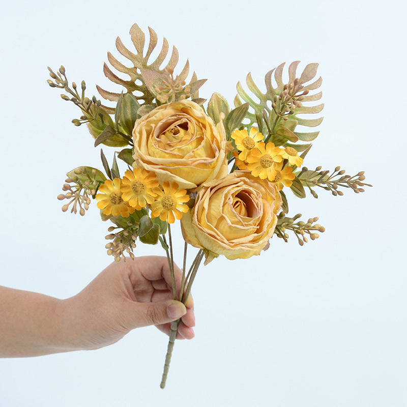 Künstliche Rosen & Gänseblümchen Busch, 32 cm hoch, 12 Blüten, für Hochzeitsdekoration und Innenraum