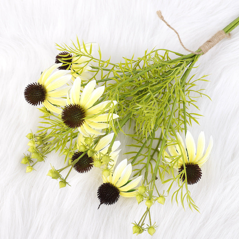 Künstlicher Sonnenhut Blumenstrauß, 4 Stiele mit 6 Blüten, Seidenstoff-Optik, für Hochzeit, Hotel, Schaufenster und Zuhause