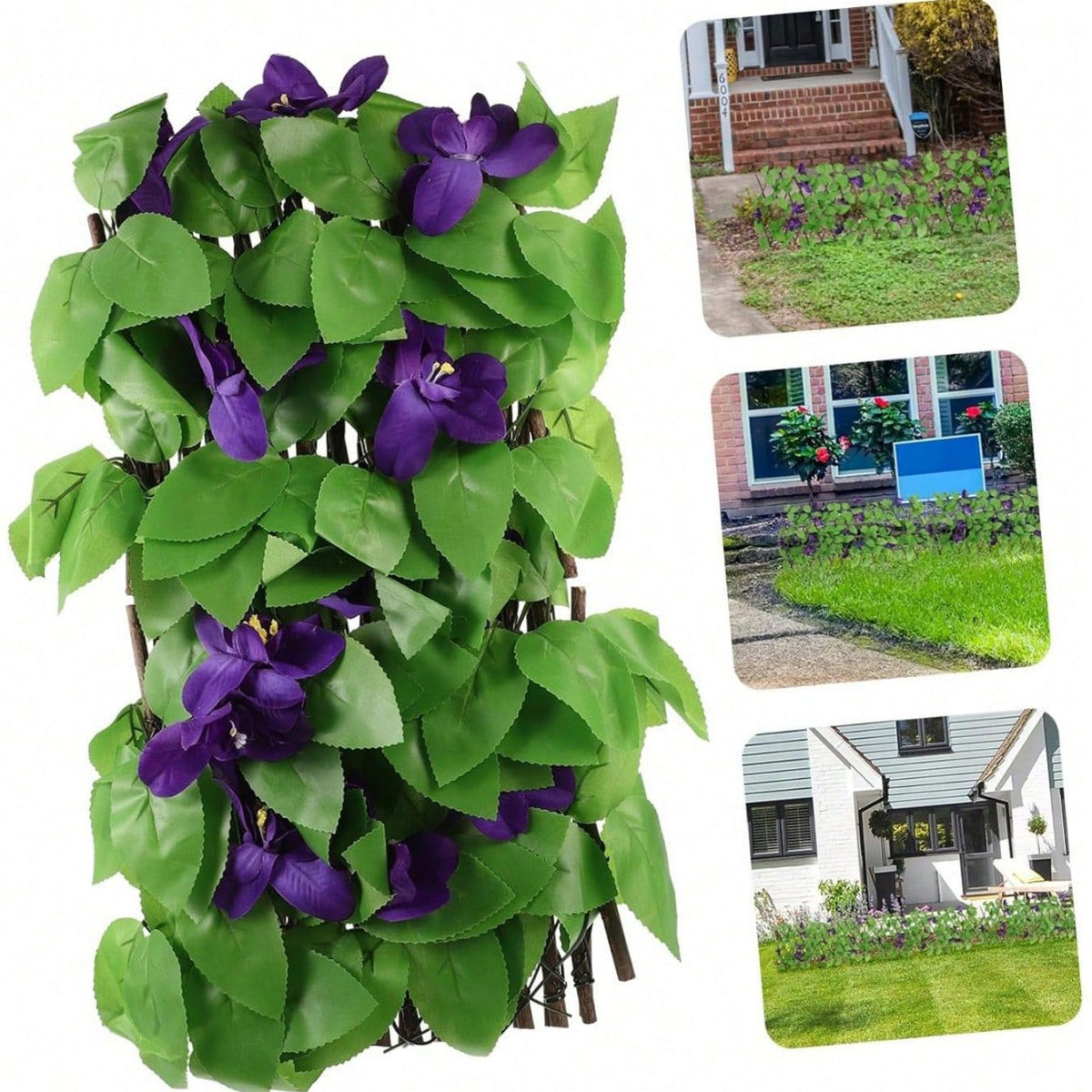 Künstliche Veilchen-Hecke, ausziehbarer Zaun aus Kunstblumen, 1 Stück, Stoff, für Garten, Balkon, Hochzeit und Gastronomie