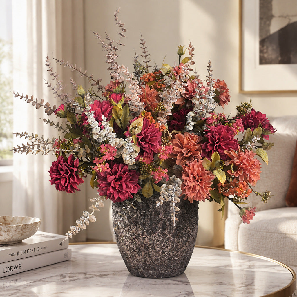 Künstliche Dahlien-Bouquet mit 3 Blütenköpfen, Kunstseide, Herbstfarben mit dunklen Blütenrändern, für Hochzeit und Deko