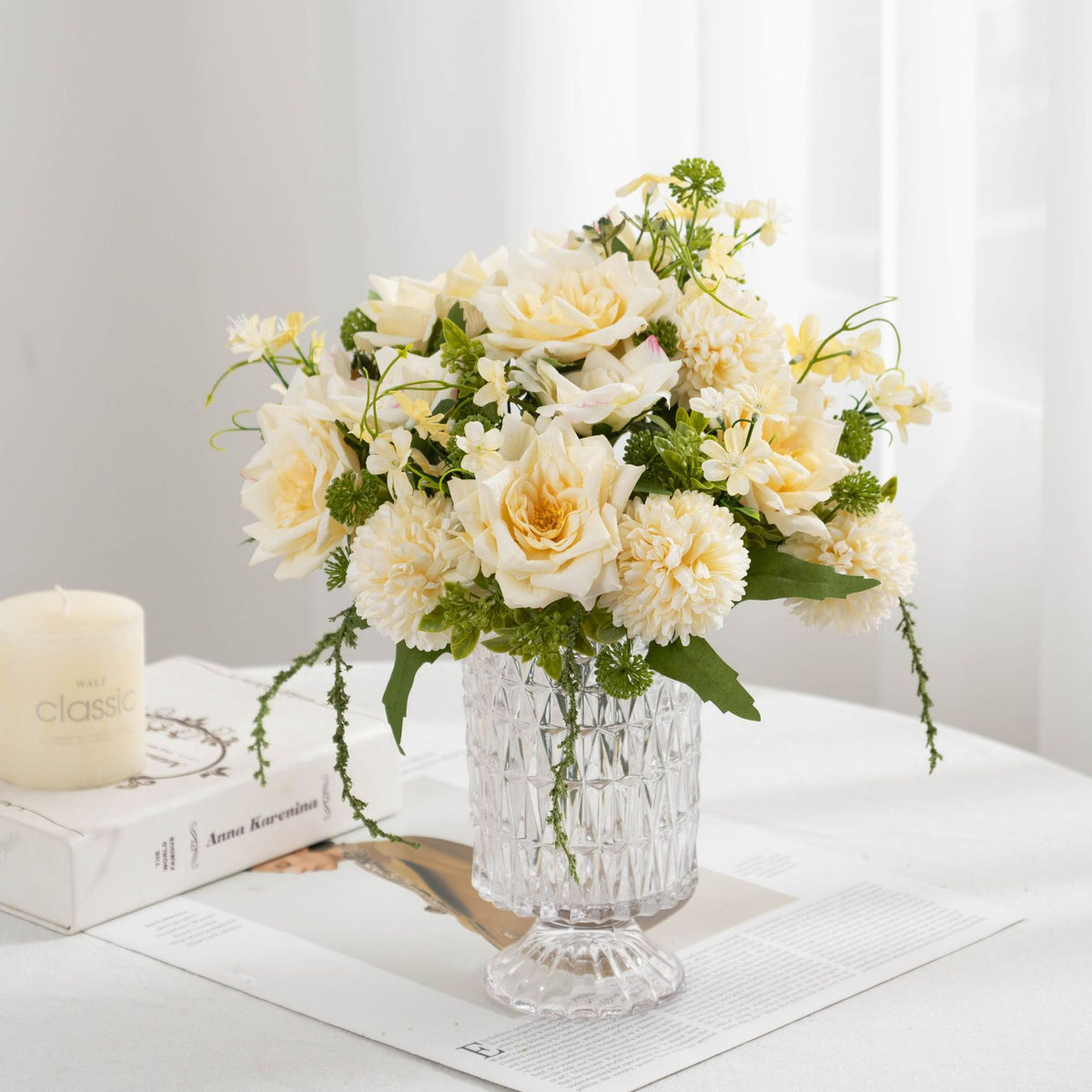 28 cm künstliche Rosenstrauß mit Chrysanthemen und Millet, Kunststoff, 5 Blüten, für Hochzeiten und Innendekoration