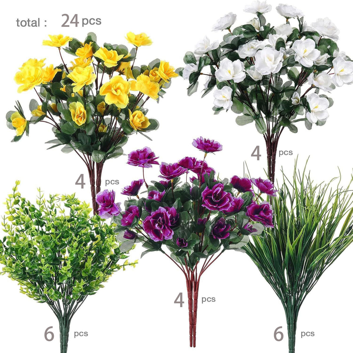 Kunstblumen Eukalyptus & Azalee mit Frühlingsgras, 12er-Pack Büschel, 38 cm, Kunststoff, für Hochzeit & Dekoration