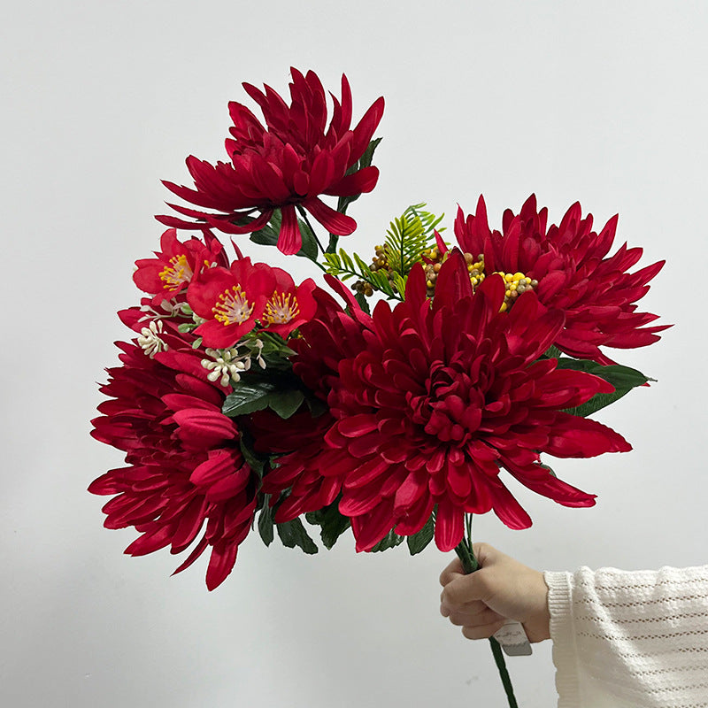 Künstliche Chrysantheme, 52 cm hoher Seidenblumen-Busch für Festtagsdekoration, Hochzeit, Innenraum