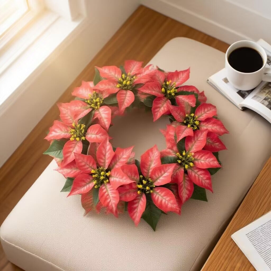 Künstlicher Poinsettia-Kranz, 46 cm Weihnachts-Deko, Plastik-Floralranke für Innenraum, Festliche Girlande