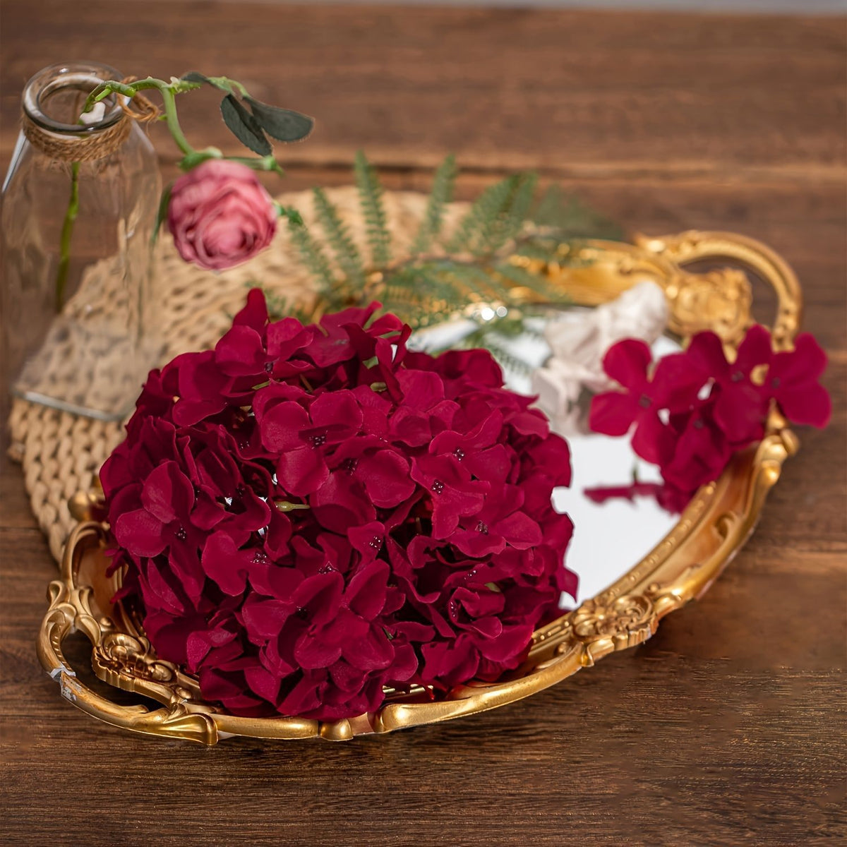 10er Pack künstliche Hortensien-Blüten, 28 cm, weinrot, aus Seidenstoff für Hochzeitsdeko und Inneneinrichtung