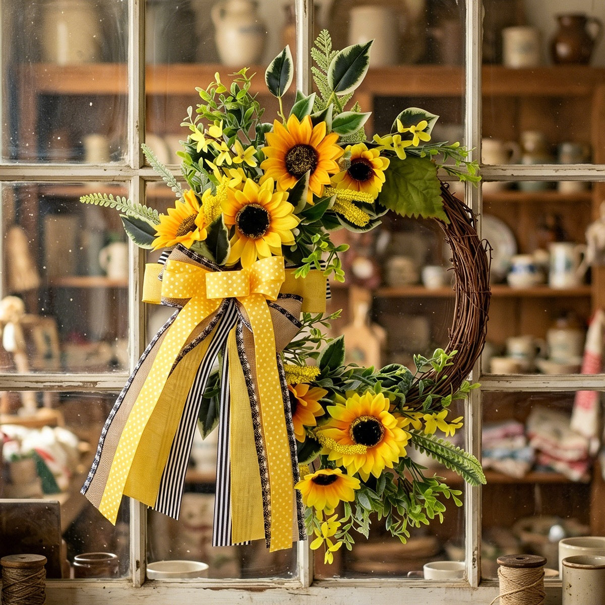 Künstlicher Sonnenblumen-Halbkranz mit Bienen, 45 cm, Herbst-Dekoration, Türschmuck aus Kunststoff