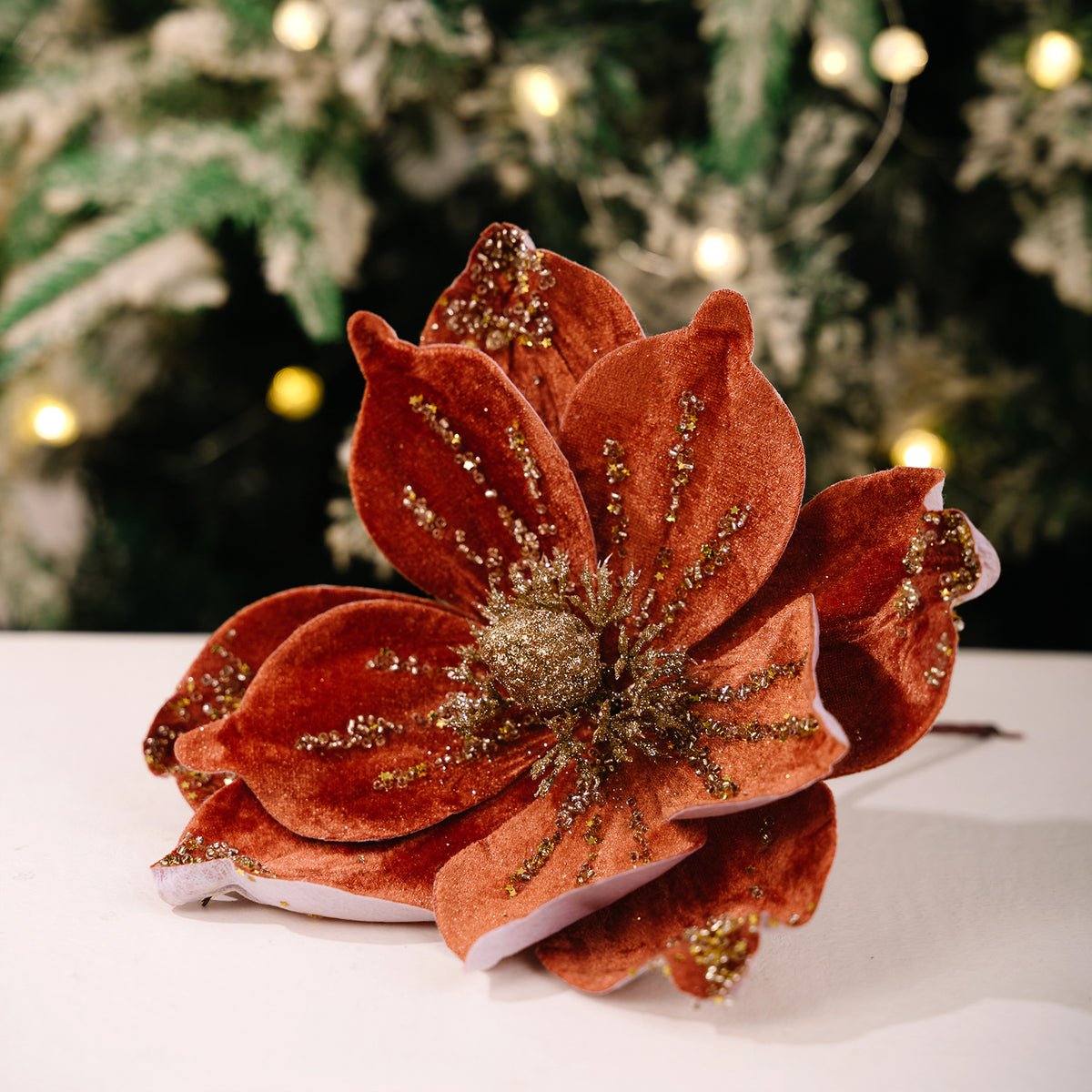 Künstliche Magnolie Weihnachtsblume, Einzelstiel mit 1 Blüte aus Samtstoff, Goldglitzer, für Weihnachtsbaum, Hochzeit & Festdeko