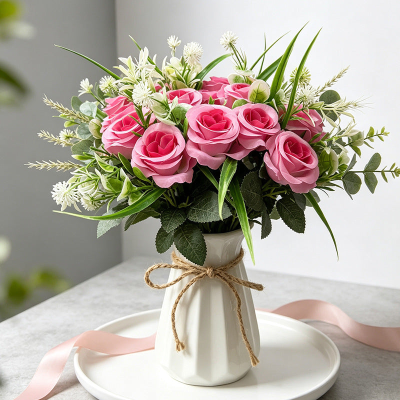 Künstlicher Rosenstrauß mit 18 Blüten, 40 cm, modern-ländlich, für Hochzeit, Dekoration, Büro, Hotel