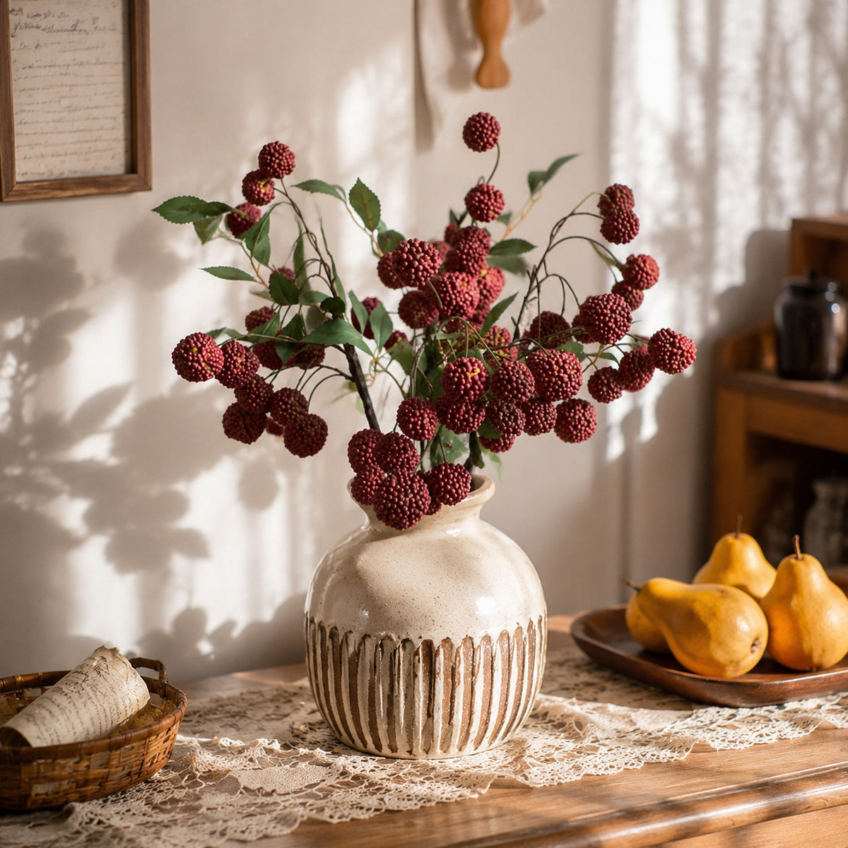 Künstlicher Litschi-Zweig mit 15 Früchten und Blättern, 55 cm hoch, PE/PVC, für Floristik und Dekoration