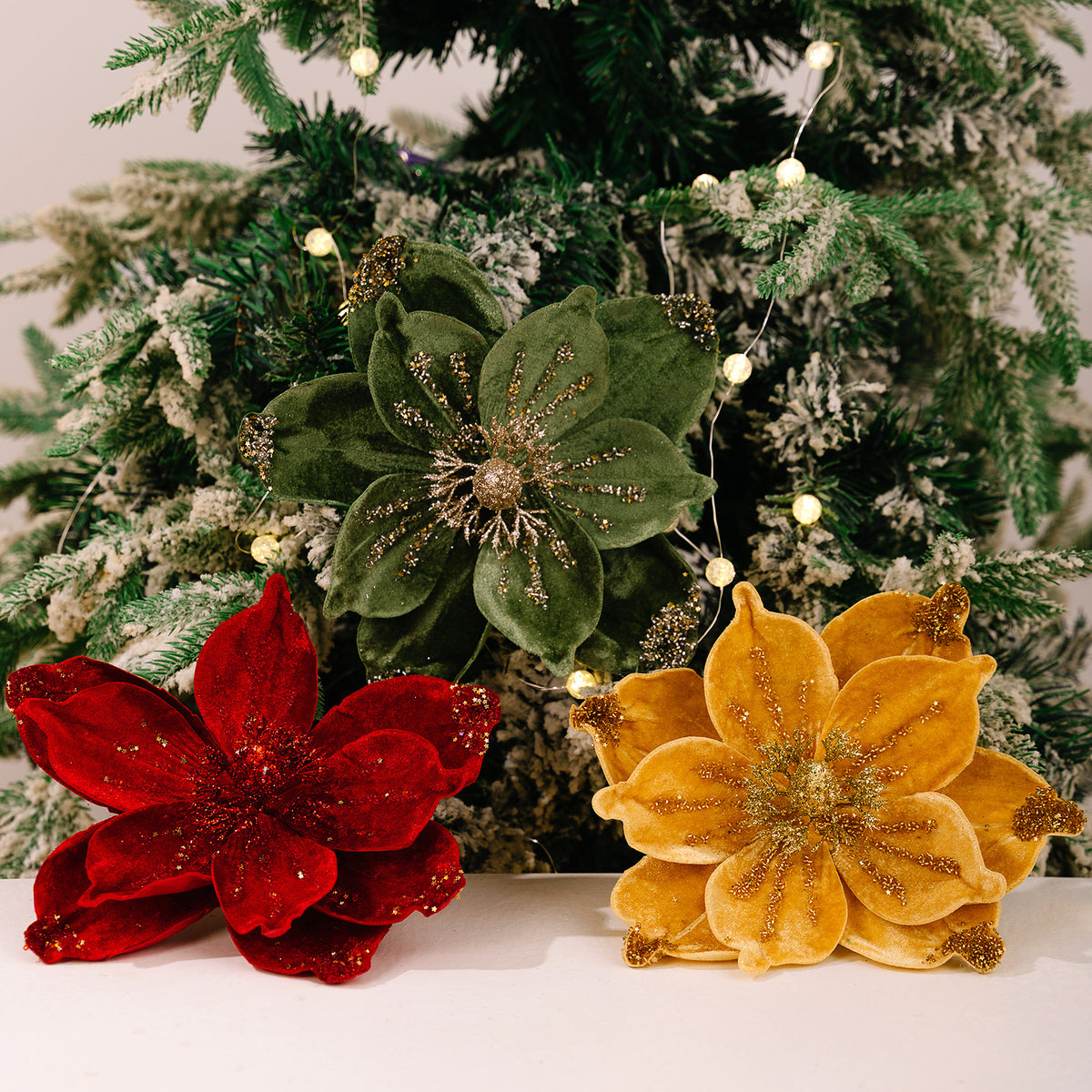 Künstliche Magnolie Weihnachtsblume, Einzelstiel mit 1 Blüte aus Samtstoff, Goldglitzer, für Weihnachtsbaum, Hochzeit & Festdeko