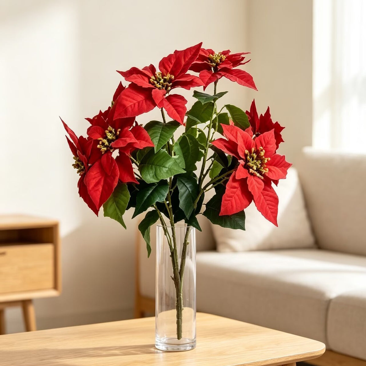 Künstliche Poinsettia-Blütenbusch mit 12 Blüten, 45 cm, für Hochzeiten, Wohn- und Geschäftsräume