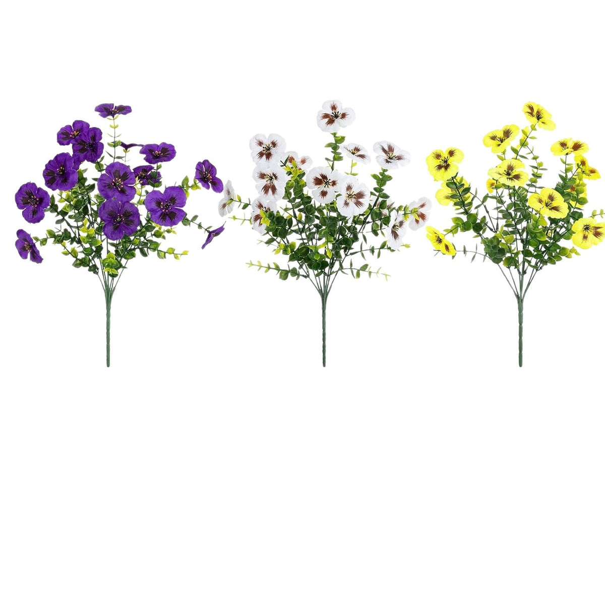 Künstliche Stiefmütterchen-Eukalyptus-Büschel, 4er-Set, 14 Blüten pro Büschel, Kunstseide, 36 cm, für Hochzeit, Haus und Garten