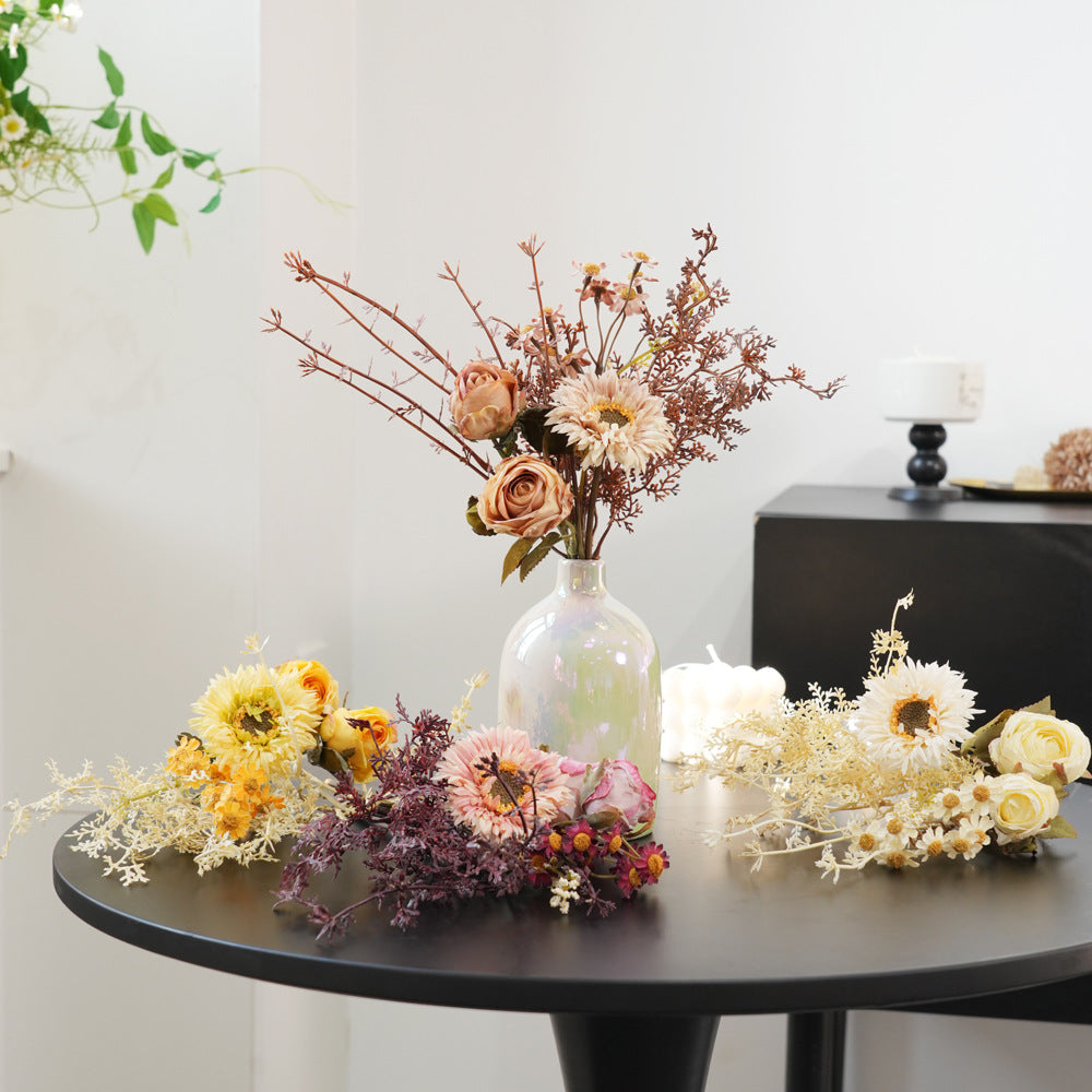 32 cm künstliches Blumenbouquet aus Rosen, Gänseblümchen und Hortensien, Vintage-Stil, für Zuhause, ohne Vase