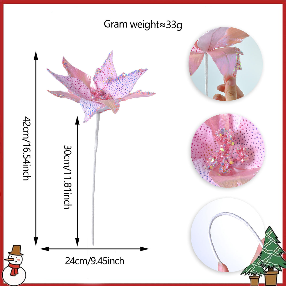 Künstliche Weihnachtsstern-Blüte aus Samtstoff, 28 cm hoch, einzelner Stiel für festliche Dekoration
