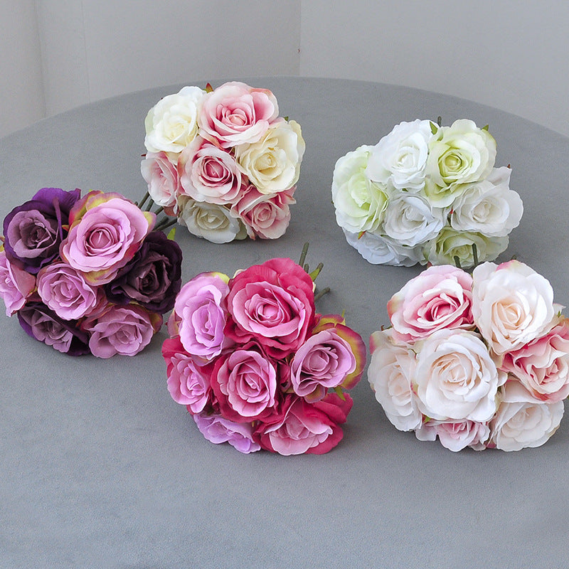 Rosenstrauß Kunstblumen, 7 Rosenblüten, Stoffblumen aus Polyester-Seidenstoff, Brautstrauß, Hochzeit & Deko
