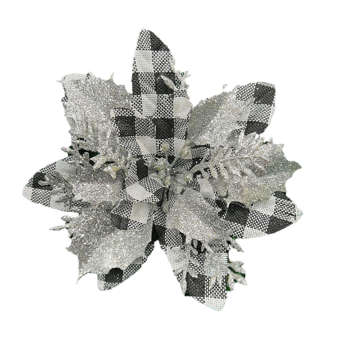 14 cm künstliche Weihnachtsblume, lose Blüte, Kunststoff, rot/silber, Festtagsdekoration, für Floristik & Eventgestaltung