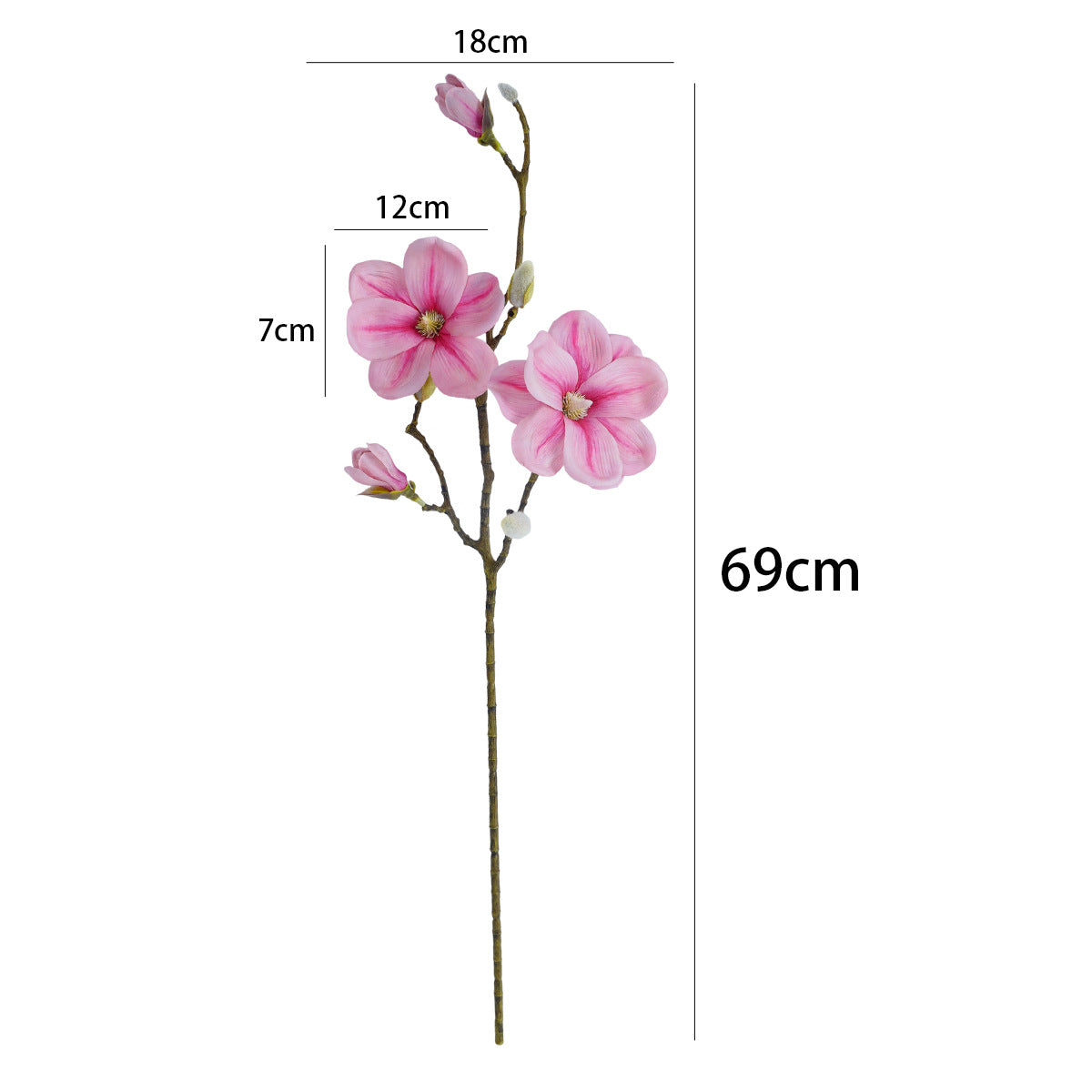 Künstliche Magnolien-Zweig mit 4 Blüten, 69 cm Höhe, einzeln, für Hochzeiten und Innendekoration