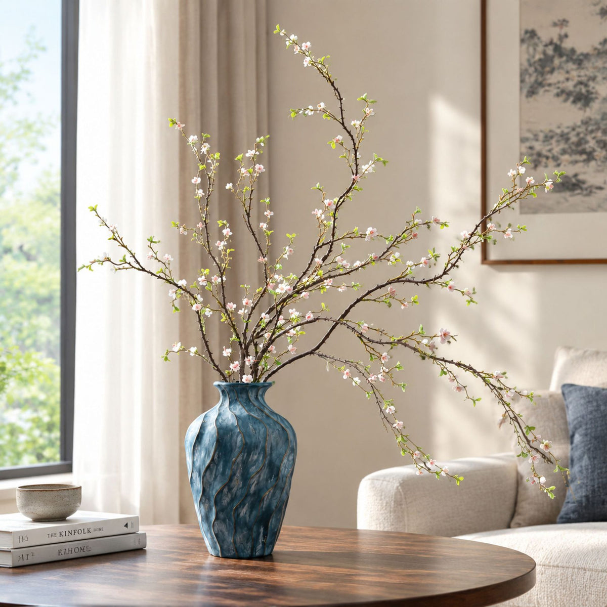 Kunstzweig Wildblumen, Einzelstiel mit 30 Blütenköpfen, Stoffblüten in Seidenoptik, biegbar, für hohe Vasen, Wohnen & Schaufenster