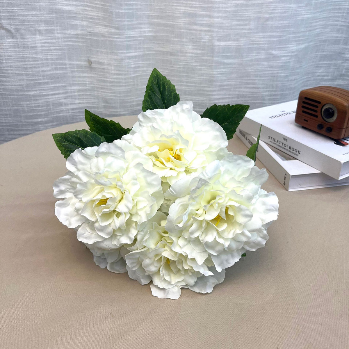 Künstliche Pfingstrosen-Blütenbusch mit 5 Blüten, Kunstseide-Stoff, 47 cm, Vintage-Stil, für Hochzeit, Zuhause und Feiertage