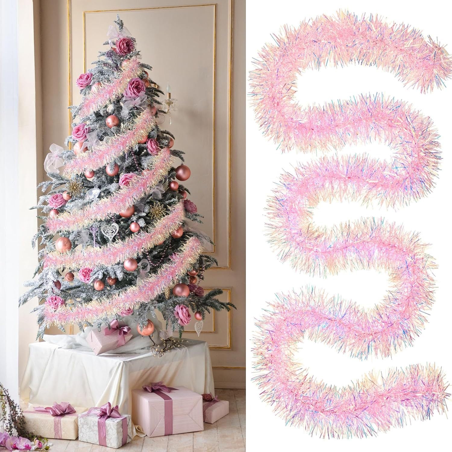 Rosa-Tinsel-Girlande für Weihnachtsbaumdekorationen, Hochzeits- und Geburtstagsfeierbedarf