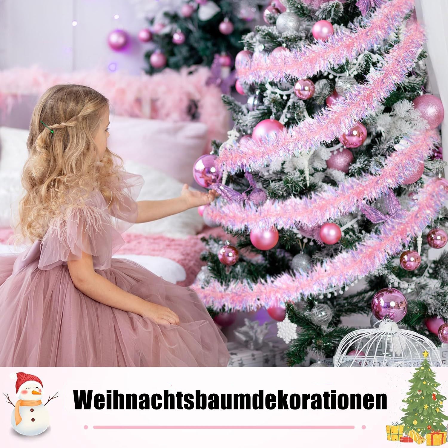 Rosa-Tinsel-Girlande für Weihnachtsbaumdekorationen, Hochzeits- und Geburtstagsfeierbedarf