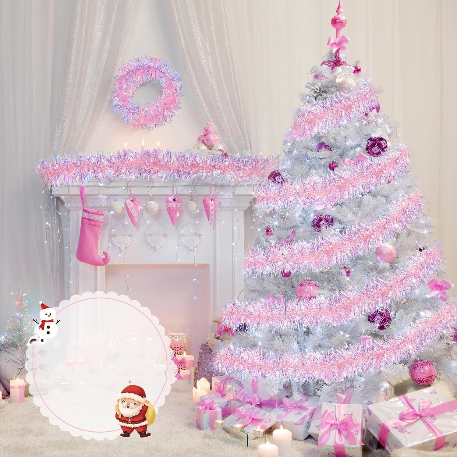 Rosa-Tinsel-Girlande für Weihnachtsbaumdekorationen, Hochzeits- und Geburtstagsfeierbedarf