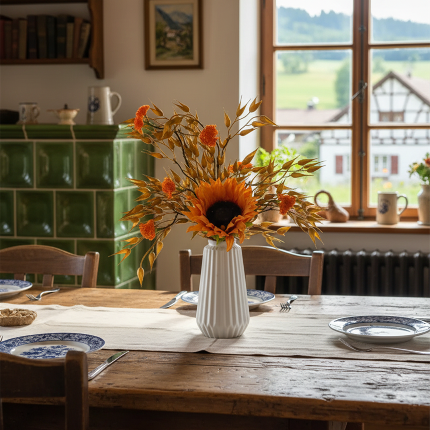 Rustikale Dekoration Künstliche Gerstenähren und Sonnenblumen mit keramischer Vase