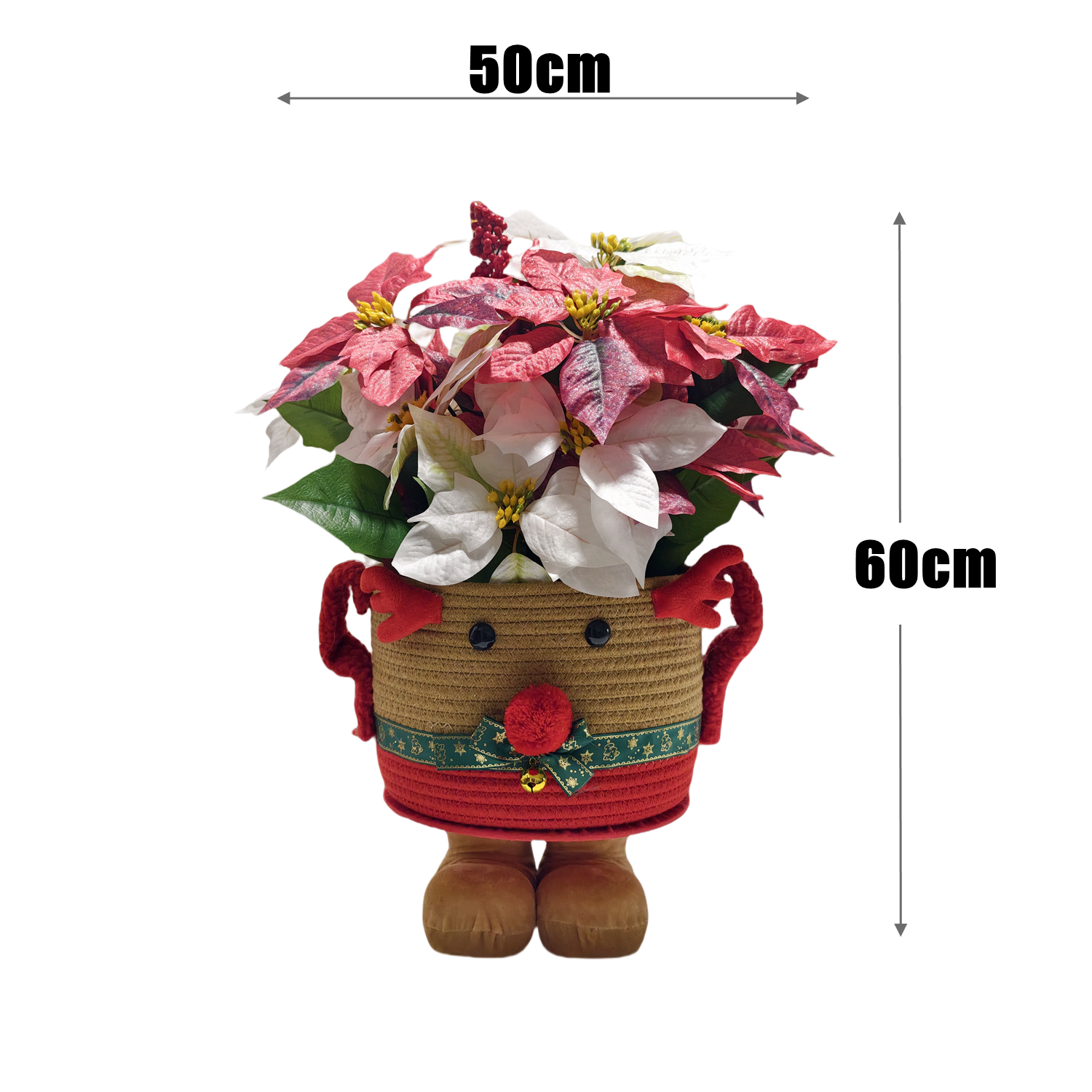 60 cm Seiden-Poinsettien-Arrangement mit Beeren – Geflochtene Rattan-Hirsch-Ständer-Vase, Weihnachtsdekor für zu Hause