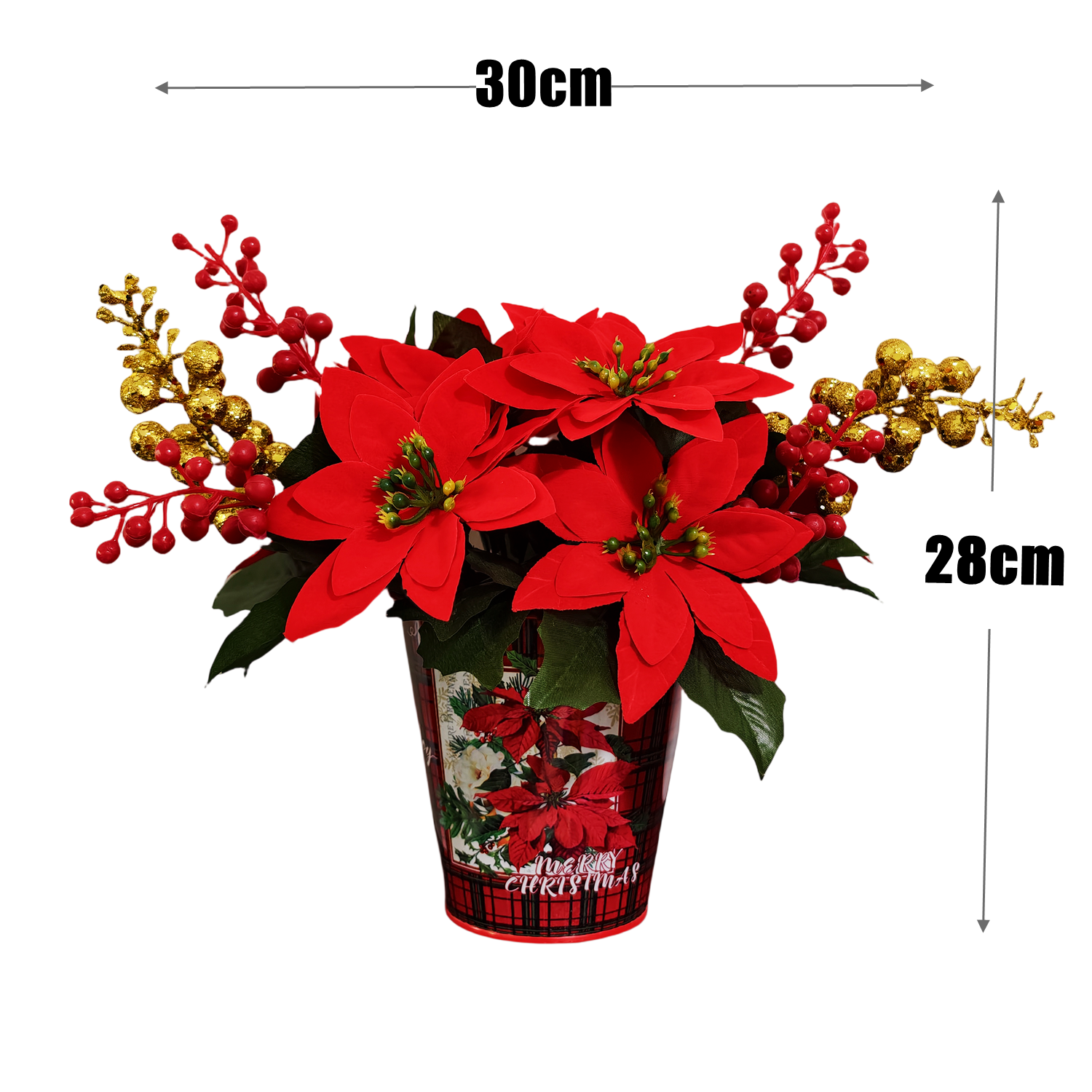 28 cm Weihnachtliches Blumenarrangement mit Weihnachts-Poinsettie und Eisenvase