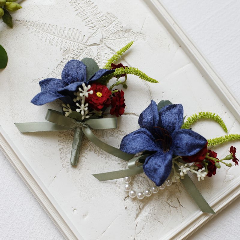 Künstliche Lilien-Wrist-Corsage- und Boutonniere-Set aus retro-Velours für Hochzeitsfeiern