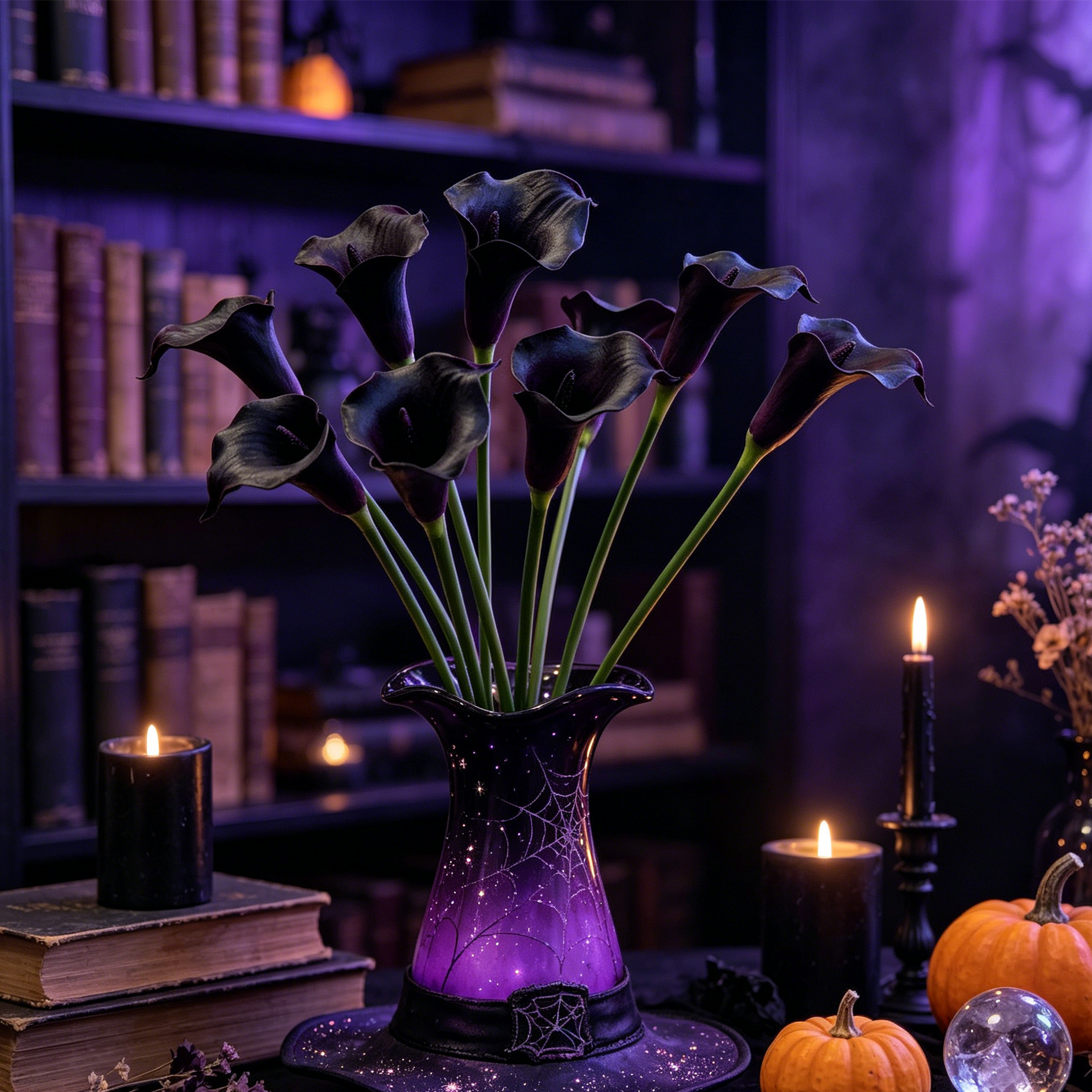 6er Set Calla Lilien Kunstblumen, 66cm Real Touch, Hochwertige Calla in Schwarz-Lila, für Gothic Deko, Halloween, Vase & elegante Arrangements