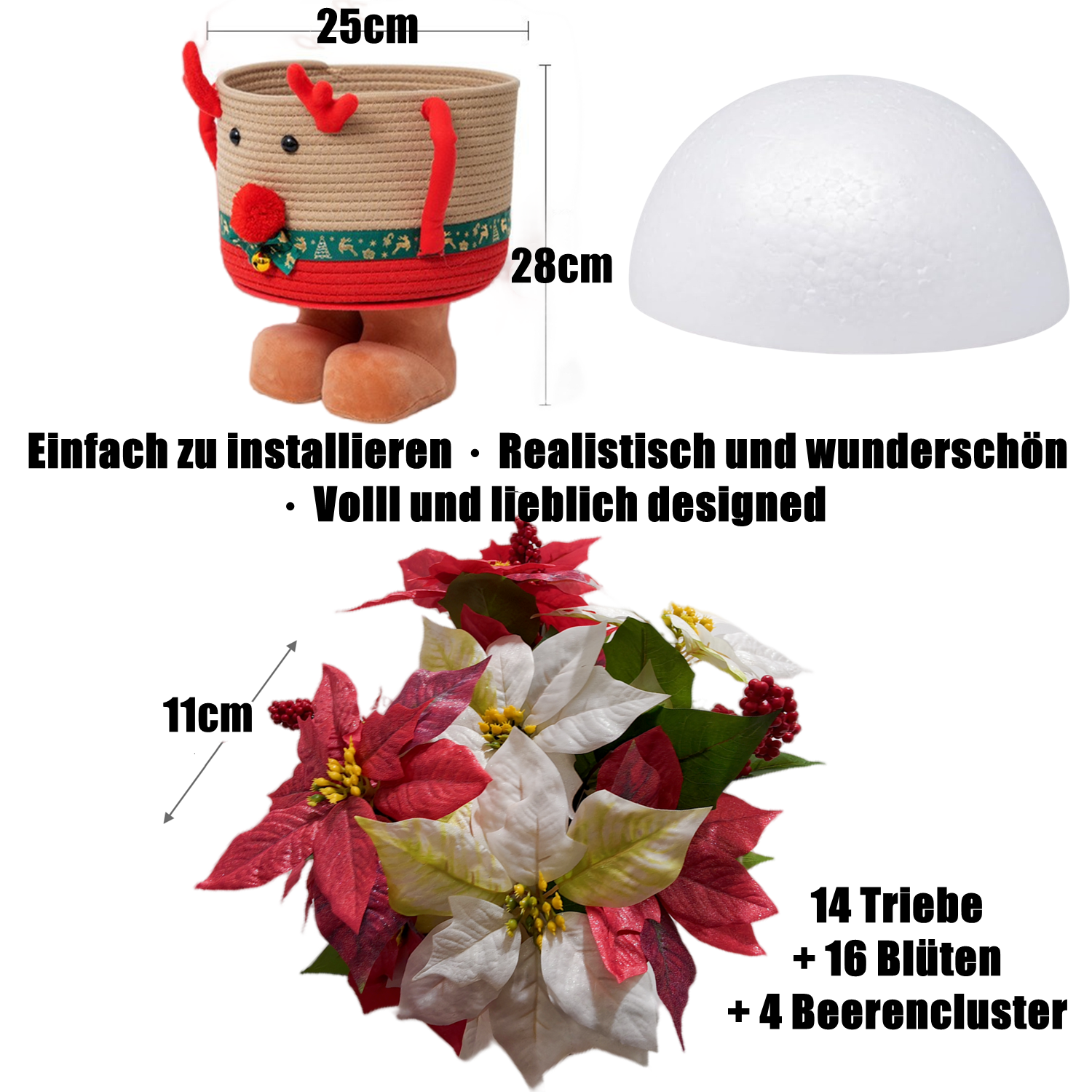 60 cm Seiden-Poinsettien-Arrangement mit Beeren – Geflochtene Rattan-Hirsch-Ständer-Vase, Weihnachtsdekor für zu Hause