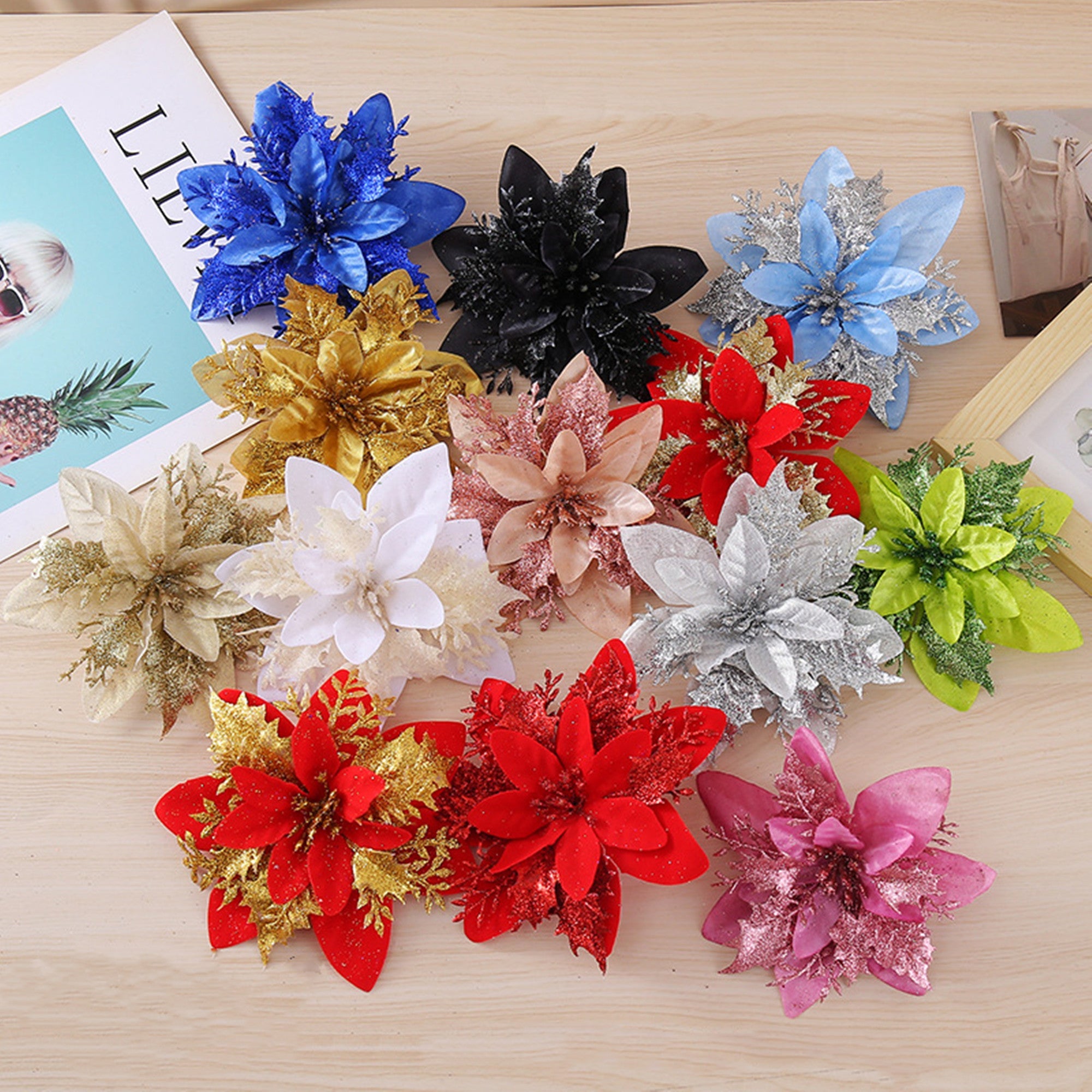 Künstliche Weihnachtssternblüte 15 cm, Seidenblume, Glitzer, Einzeln, für Weihnachtsdekoration, Hochzeiten, Events, 1 Stück