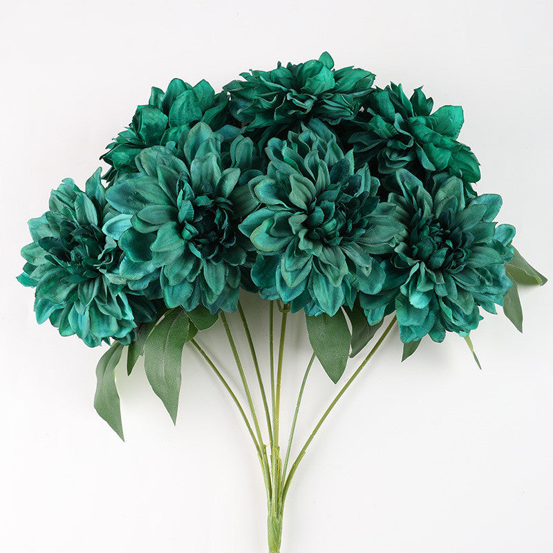 Dahlienbusch künstlich 48 cm, täuschend echte Seiden-Dahlien, 7 Blüten, für Dekoration, Hochzeit, Gastronomie, langlebiger Kunstblumenstrauß