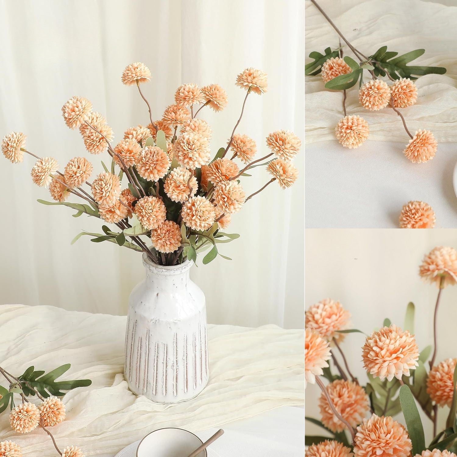 Künstliche Chrysanthemen 5er-Set, 45cm lange Stiele, Naturgetreue Seidenblumen in Beige, Ø 3,3cm Pompon-Blüten, für Vasen, Hochzeitsdeko & Floristikbedarf