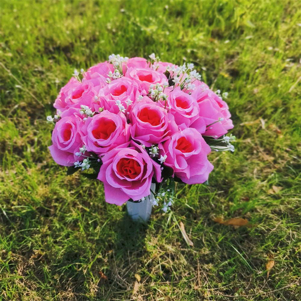Grabschmuck Rosenstrauß mit Vase | ca. 38 cm | Wetterfeste Kunstblumen | Grabgesteck für Allerheiligen & Gedenken