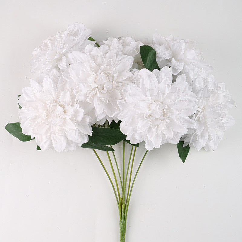 Dahlienbusch künstlich 48 cm, täuschend echte Seiden-Dahlien, 7 Blüten, für Dekoration, Hochzeit, Gastronomie, langlebiger Kunstblumenstrauß