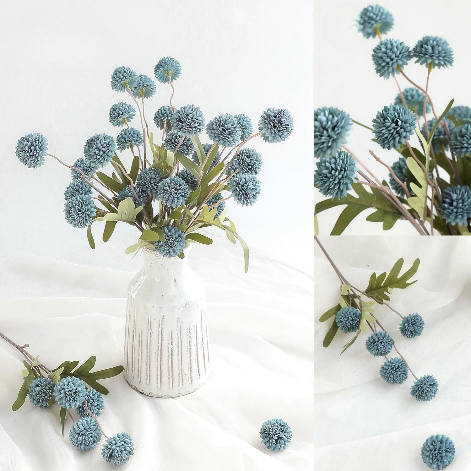 Künstliche Chrysanthemen 5er-Set, 45cm lange Stiele, Naturgetreue Seidenblumen in Beige, Ø 3,3cm Pompon-Blüten, für Vasen, Hochzeitsdeko & Floristikbedarf