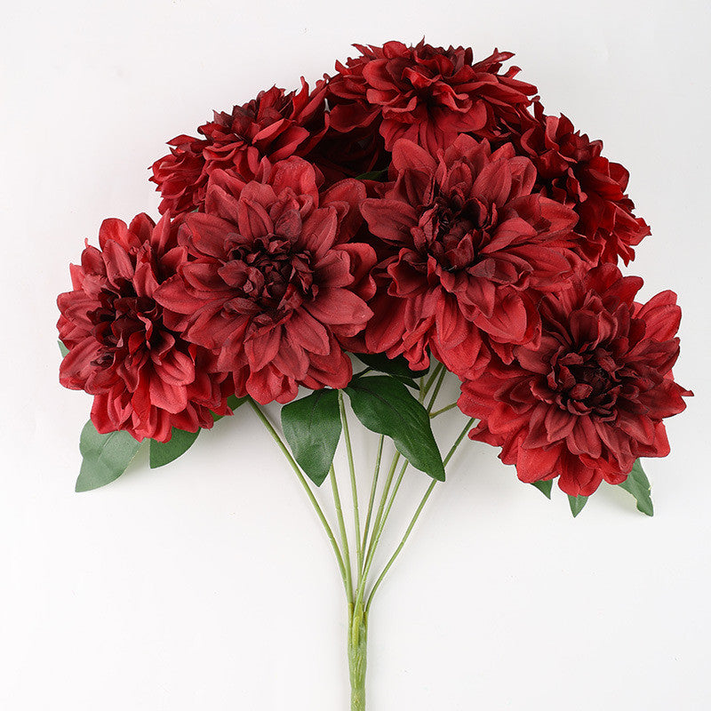 Dahlienbusch künstlich 48 cm, täuschend echte Seiden-Dahlien, 7 Blüten, für Dekoration, Hochzeit, Gastronomie, langlebiger Kunstblumenstrauß