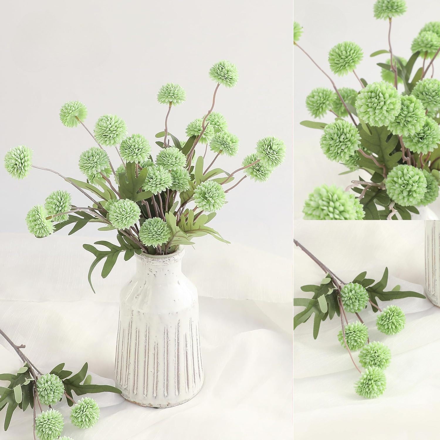 Künstliche Chrysanthemen 5er-Set, 45cm lange Stiele, Naturgetreue Seidenblumen in Beige, Ø 3,3cm Pompon-Blüten, für Vasen, Hochzeitsdeko & Floristikbedarf