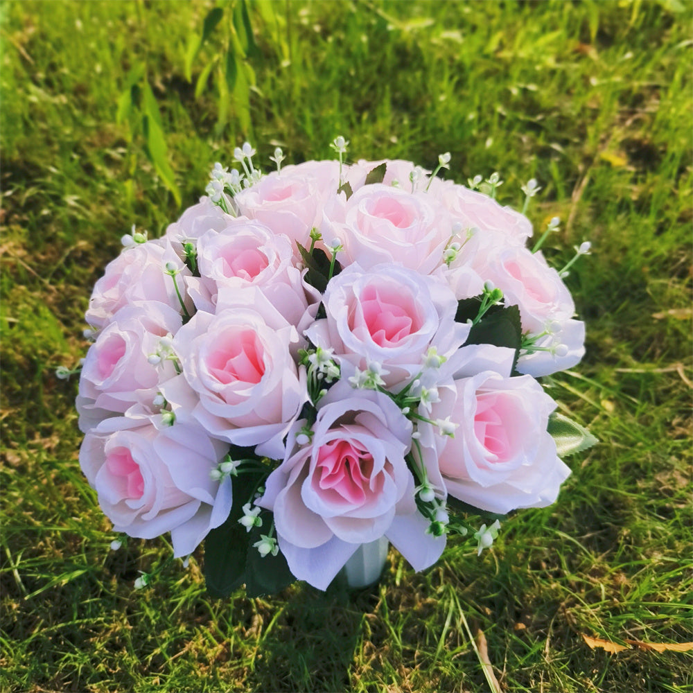 Grabschmuck Rosenstrauß mit Vase | ca. 38 cm | Wetterfeste Kunstblumen | Grabgesteck für Allerheiligen & Gedenken
