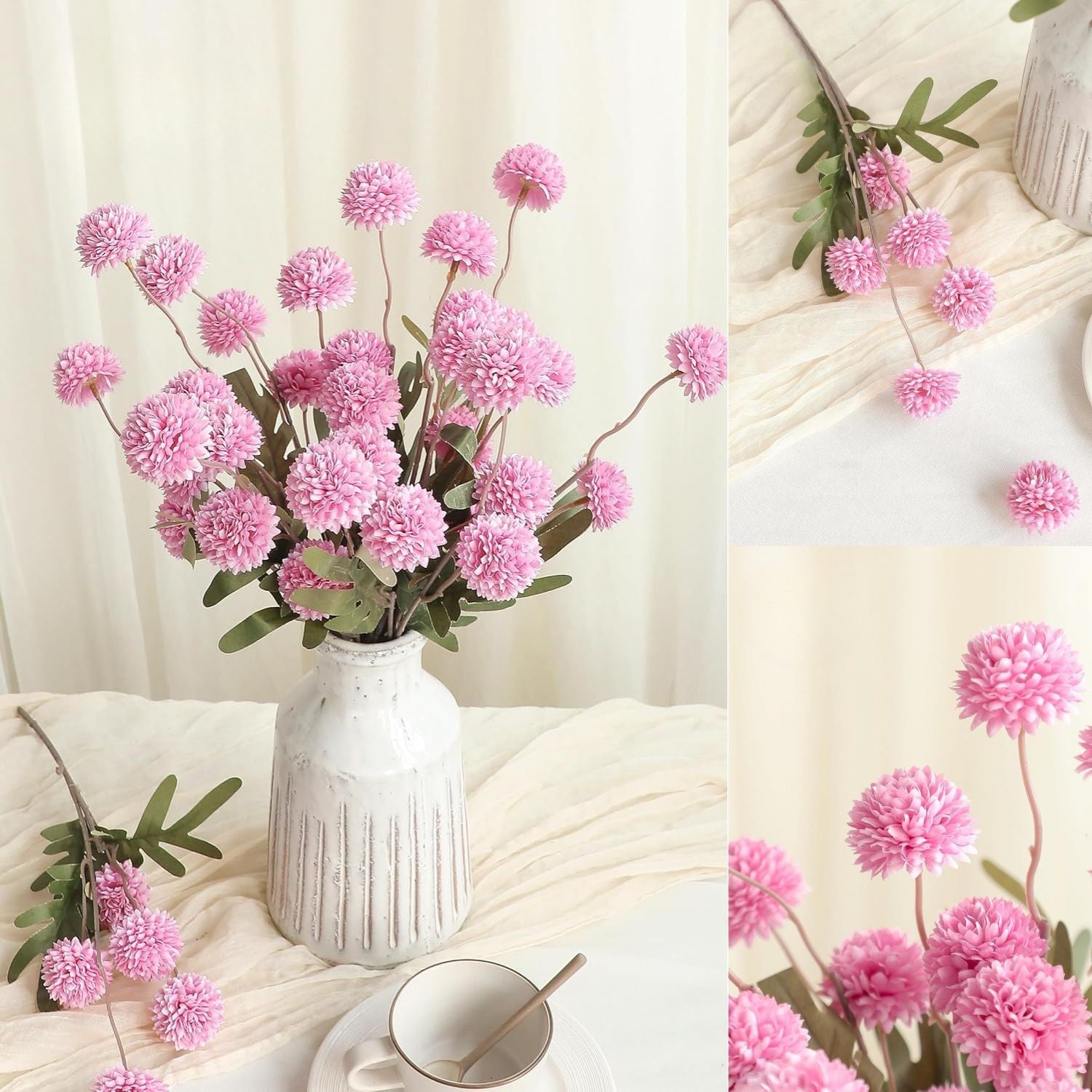 Künstliche Chrysanthemen 5er-Set, 45cm lange Stiele, Naturgetreue Seidenblumen in Beige, Ø 3,3cm Pompon-Blüten, für Vasen, Hochzeitsdeko & Floristikbedarf