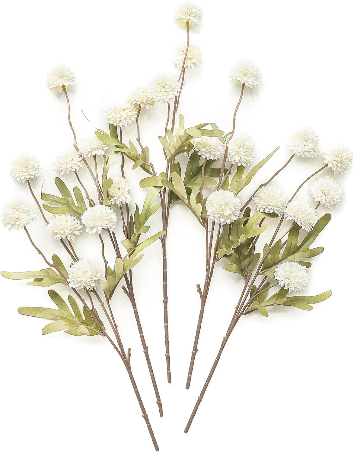 Künstliche Chrysanthemen 5er-Set, 45cm lange Stiele, Naturgetreue Seidenblumen in Beige, Ø 3,3cm Pompon-Blüten, für Vasen, Hochzeitsdeko & Floristikbedarf