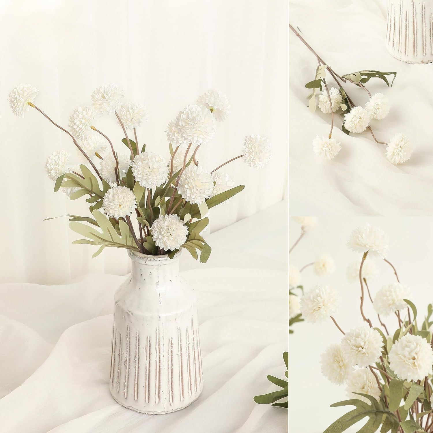 Künstliche Chrysanthemen 5er-Set, 45cm lange Stiele, Naturgetreue Seidenblumen in Beige, Ø 3,3cm Pompon-Blüten, für Vasen, Hochzeitsdeko & Floristikbedarf