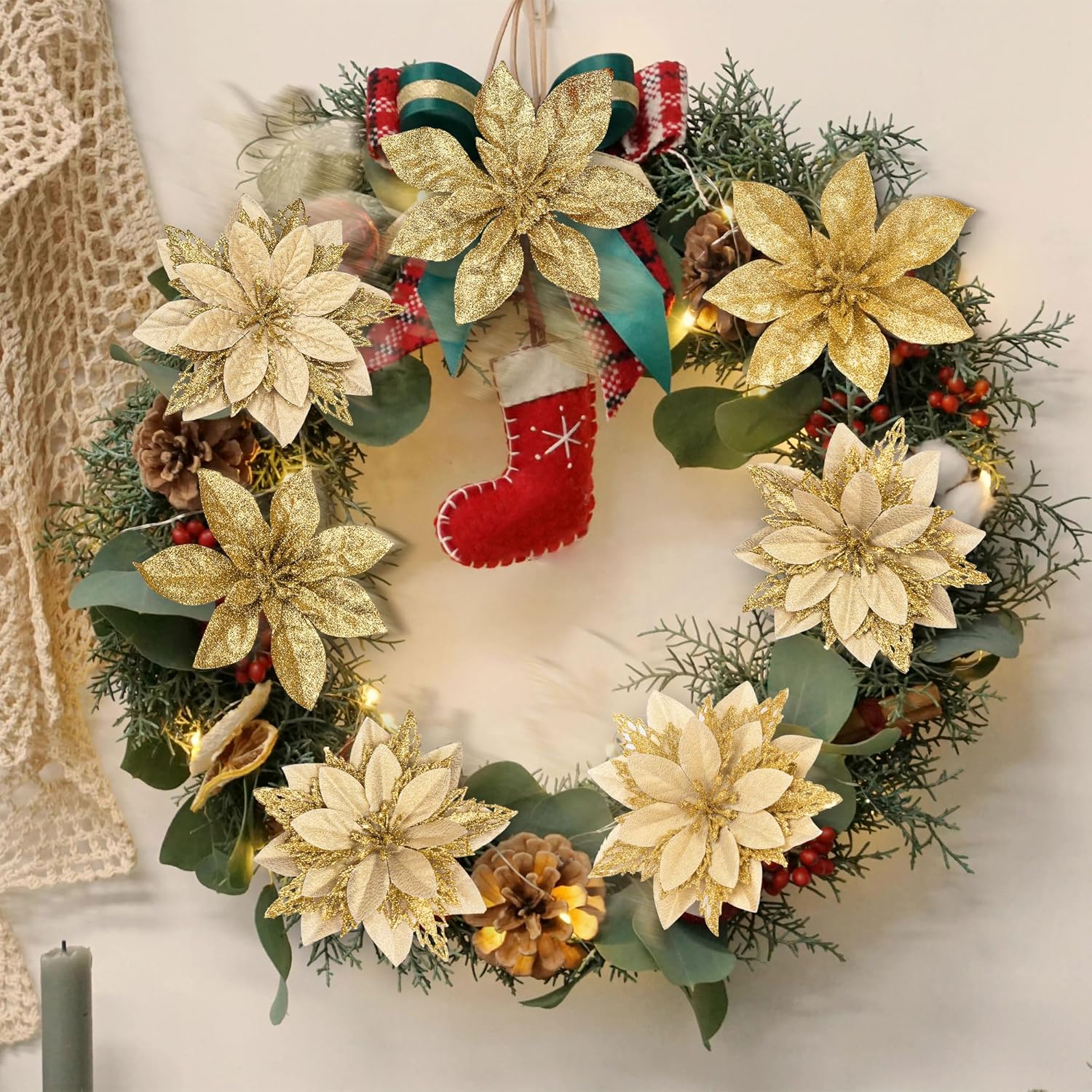 Künstliche Weihnachtssternblüte 15 cm, Seidenblume, Glitzer, Einzeln, für Weihnachtsdekoration, Hochzeiten, Events, 1 Stück