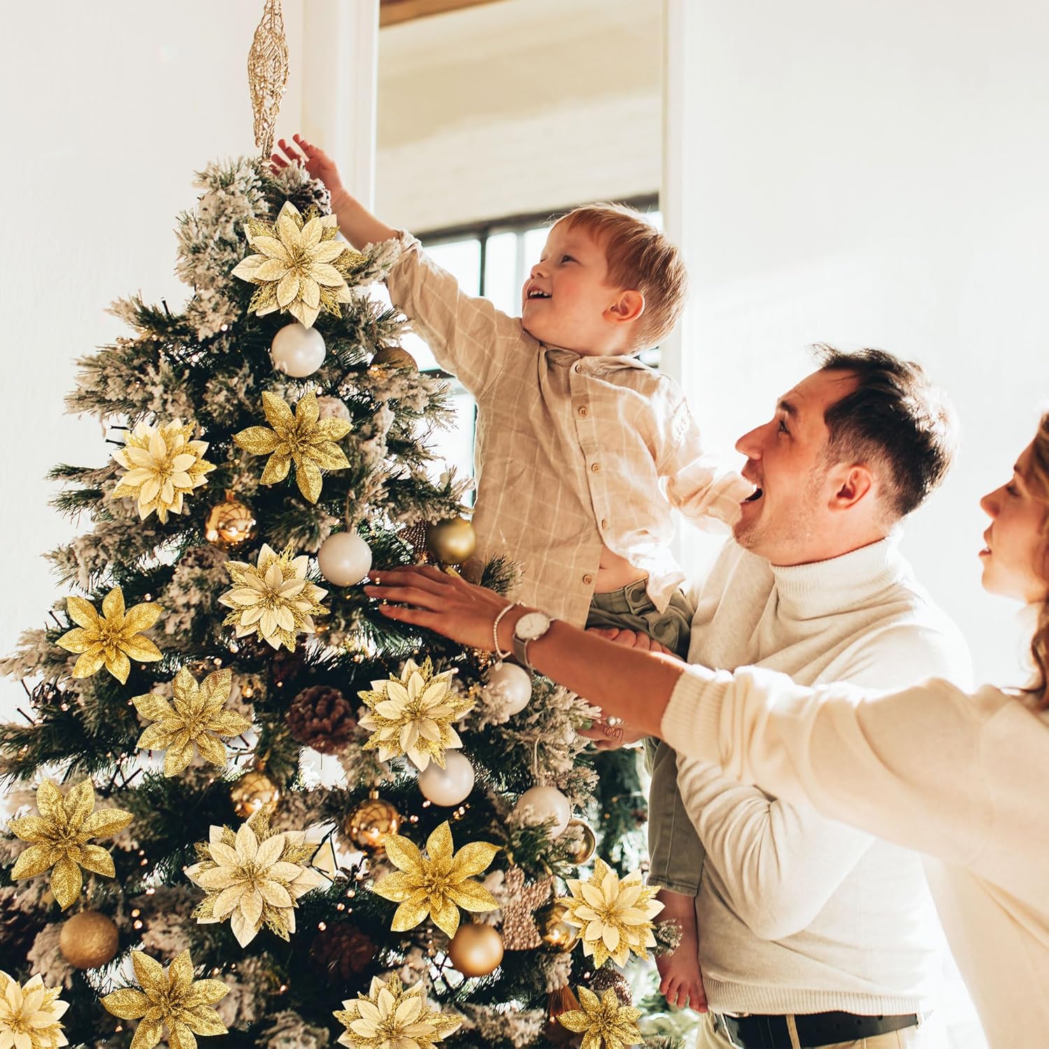 Künstliche Weihnachtssternblüte 15 cm, Seidenblume, Glitzer, Einzeln, für Weihnachtsdekoration, Hochzeiten, Events, 1 Stück