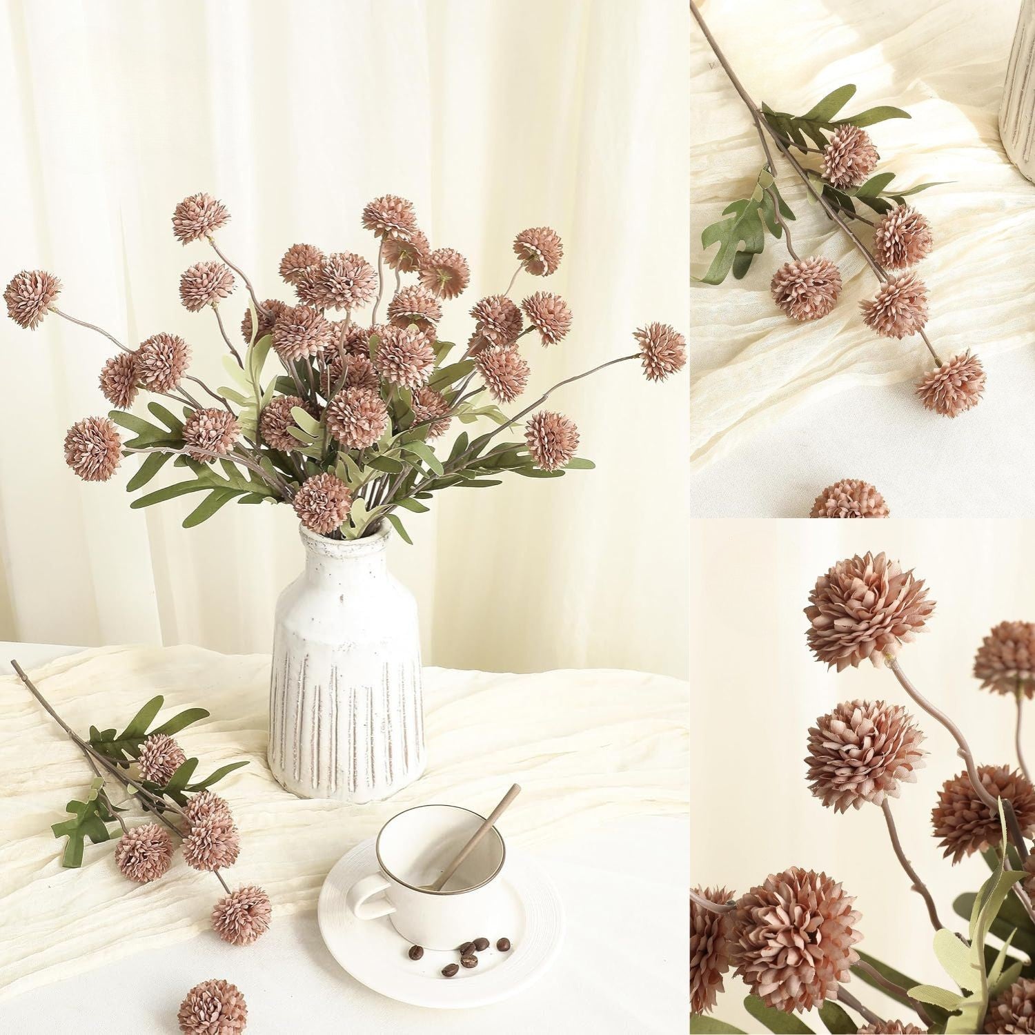 Künstliche Chrysanthemen 5er-Set, 45cm lange Stiele, Naturgetreue Seidenblumen in Beige, Ø 3,3cm Pompon-Blüten, für Vasen, Hochzeitsdeko & Floristikbedarf